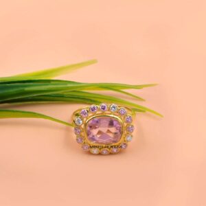 Cushion Cut Pink CZ Statement Ring,925 Sterling Silver Gold Finish Cocktail Ring