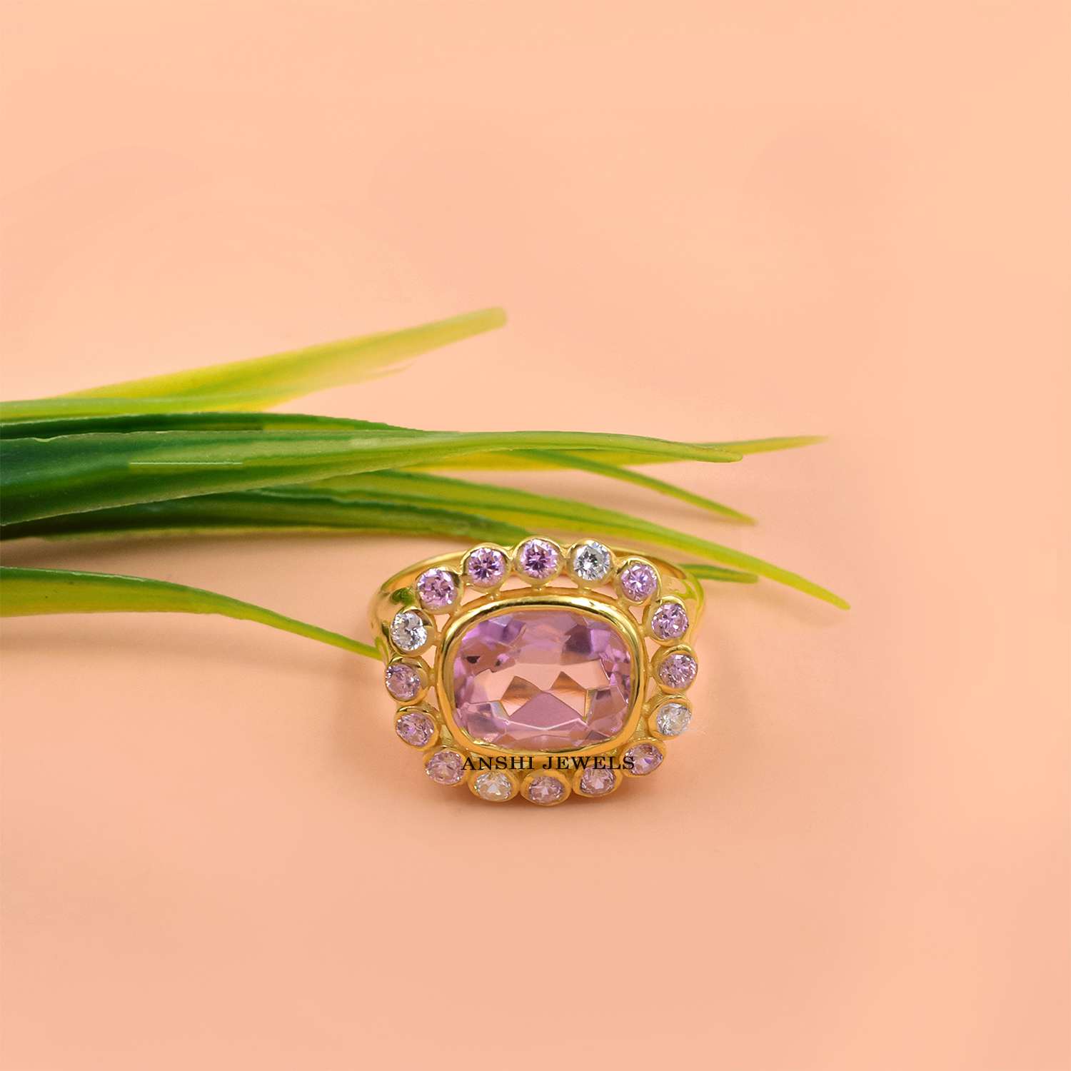 Cushion Cut Pink CZ Statement Ring,925 Sterling Silver Gold Finish Cocktail Ring