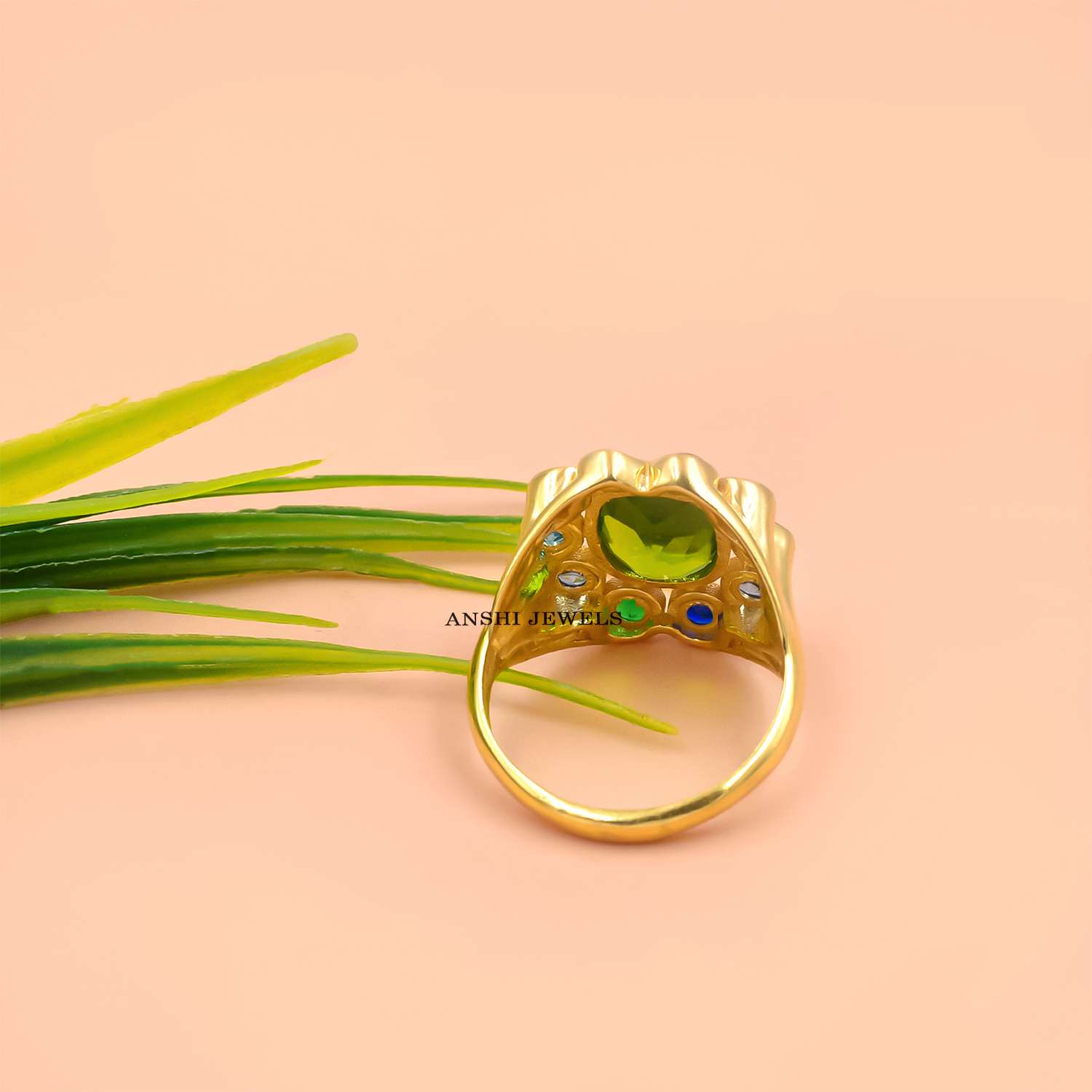 Green & Blue CZ Cocktail Ring – 925 Sterling Silver with 14K Gold-Plated Finish for Women - Image 3
