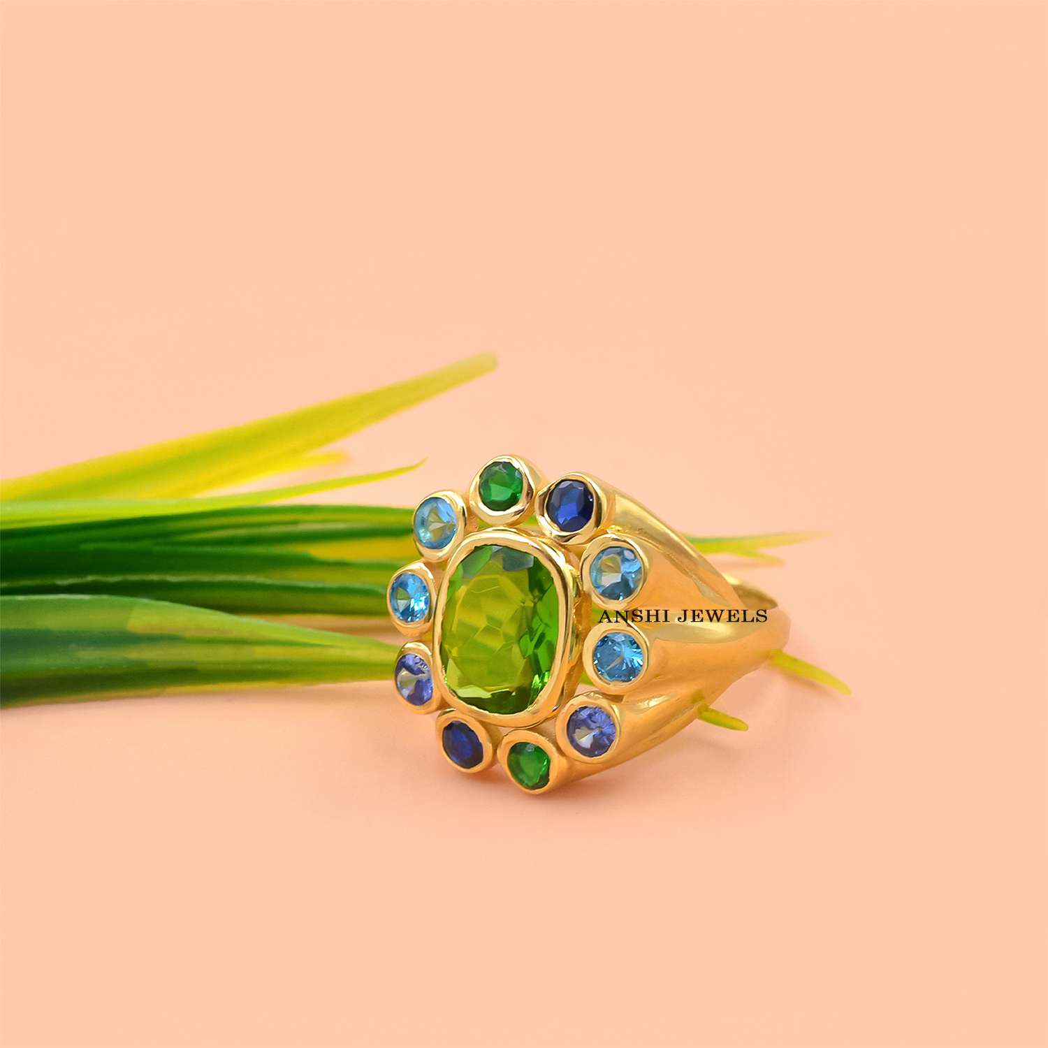 Green & Blue CZ Cocktail Ring – 925 Sterling Silver with 14K Gold-Plated Finish for Women